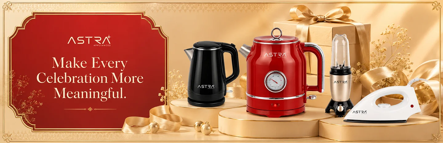 Astra Appliances corporate gifting hamper — kettles, a blender and an iron styled with festive gift boxes.