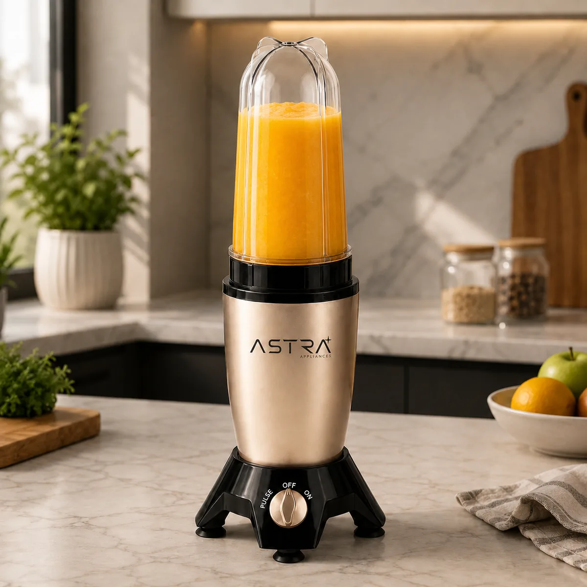 Astra Nutri Blender on a kitchen counter with a jar of freshly blended orange smoothie.