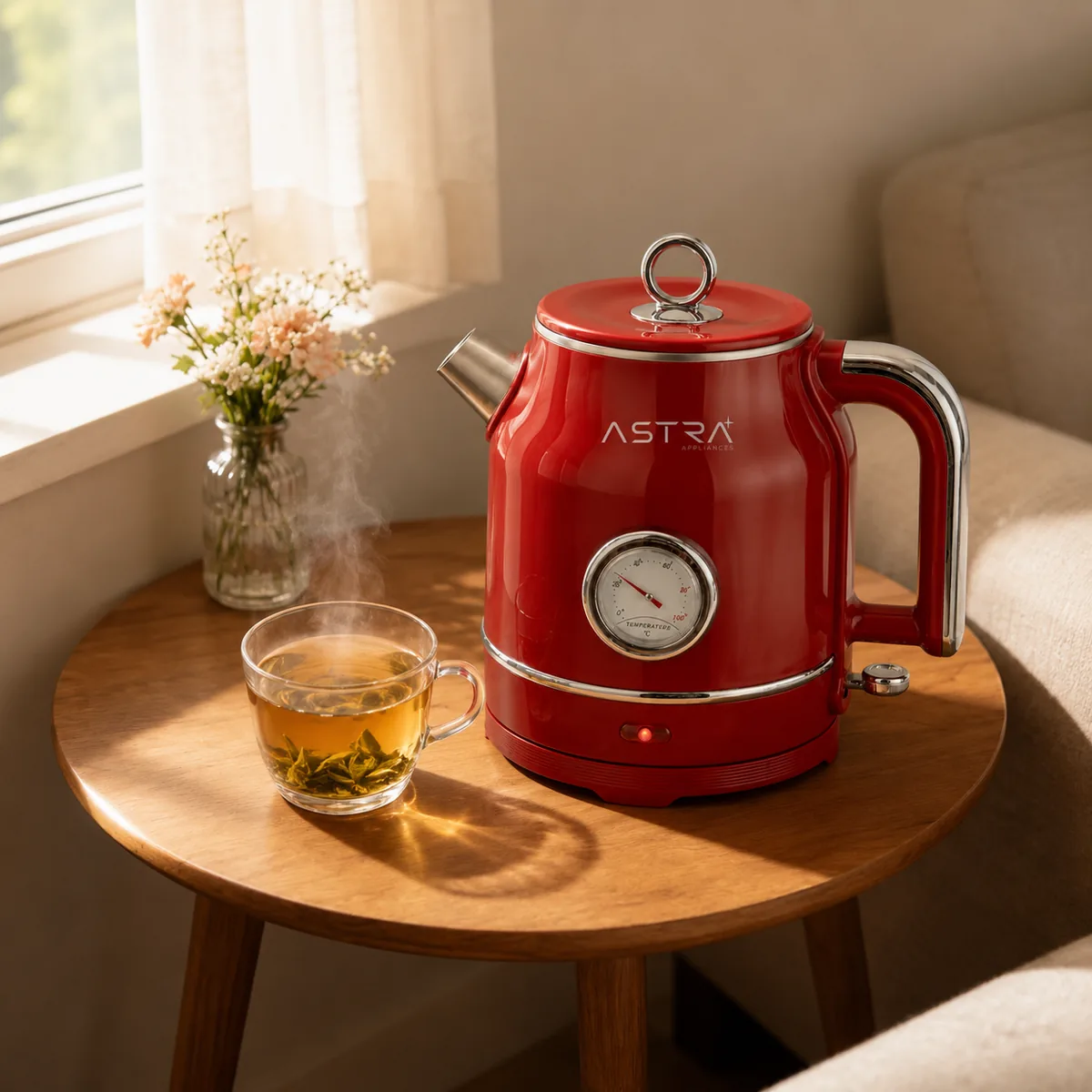Astra Vintage Kettle in red on a wooden side table beside a glass cup of brewed tea in window light.